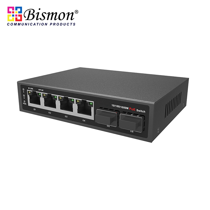 4*10/100/1000M RJ45 ports and 2*1000M uplink SFP fiber Unmanaged PoE fiber switch (65W)